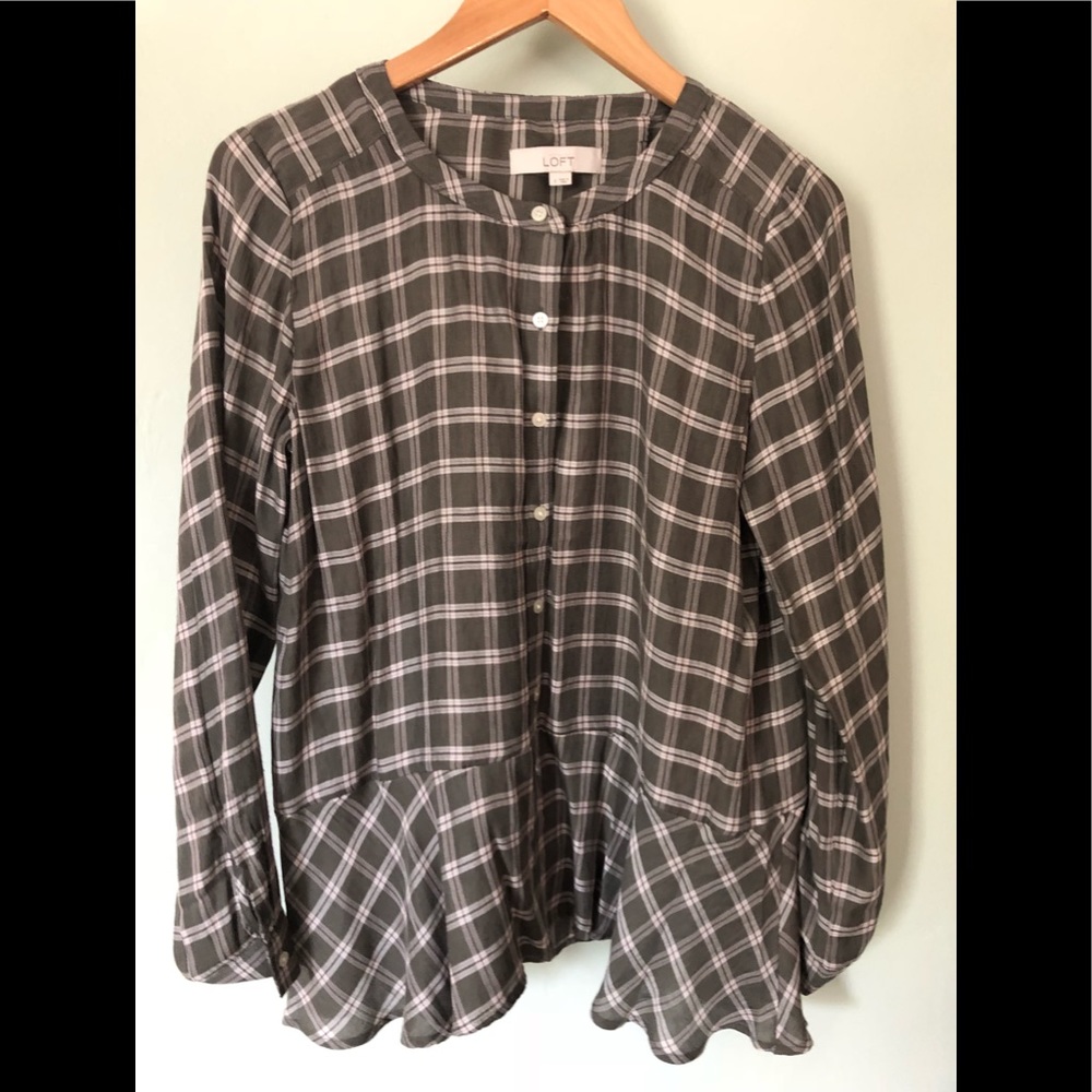 Anne Taylor LOFT Army Green Plaid Peplum Blouse